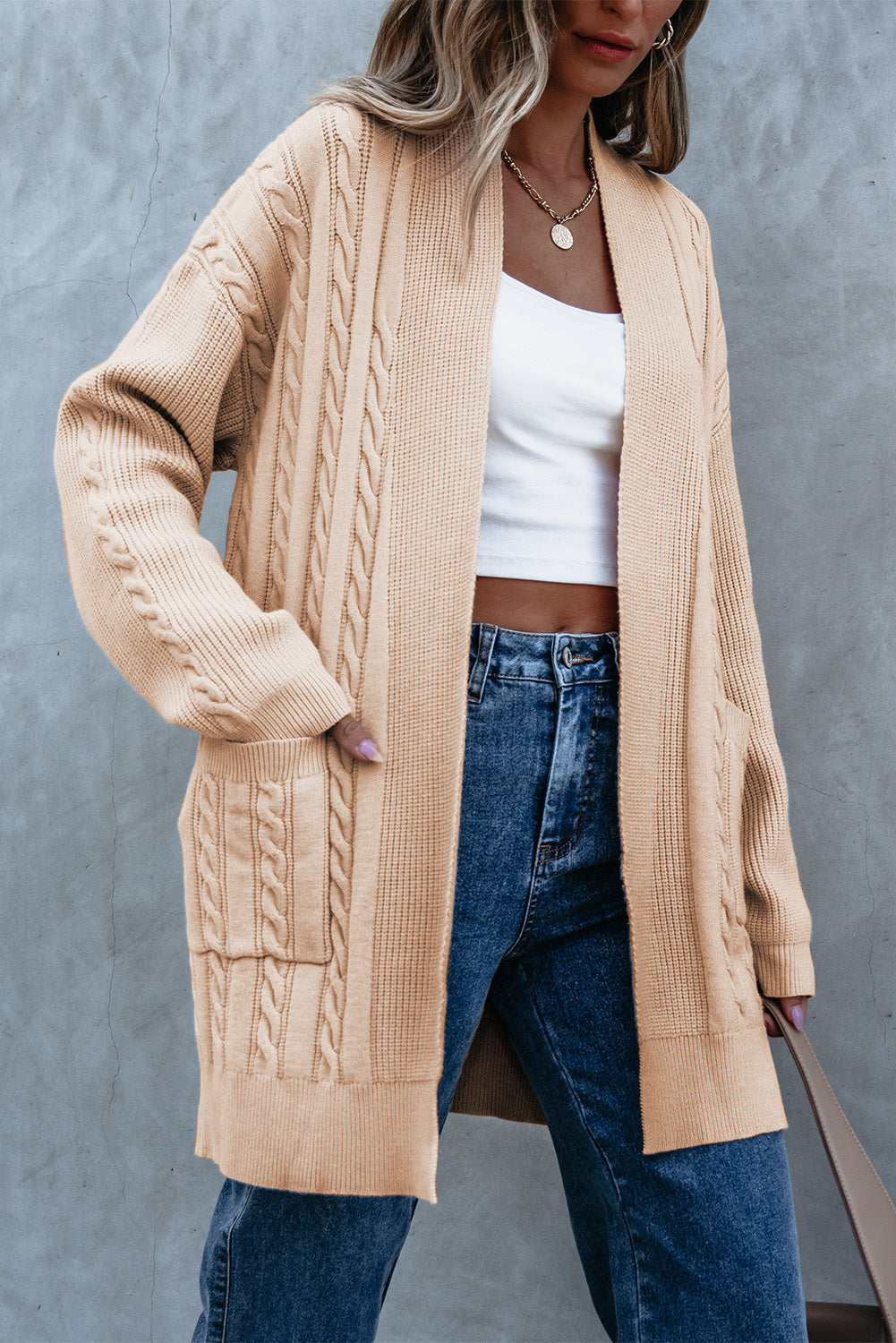 Parchment Oversize Chunky Cable Knit Open Front Midi-length Cardigan Cardigans JT's Designer Fashion