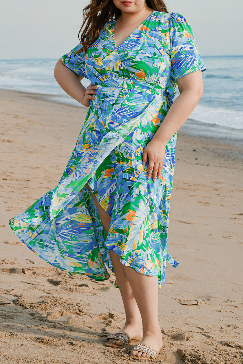 Green Leaves Print Short Sleeve Surplice Neck Ruffled Trim Plus Size Maxi Dress Plus Size Maxi Dresses JT's Designer Fashion