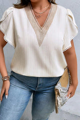 Beige Contrast Embroidered V Neck Wrap Sleeve Textured Plus Blouse Plus Size JT's Designer Fashion