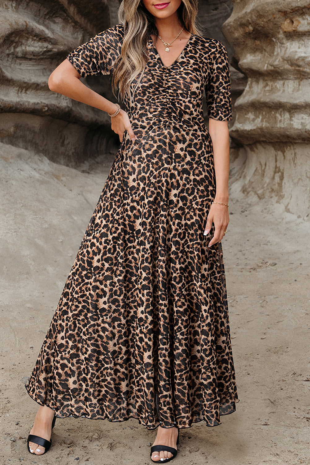 Brown Mesh Leopard Floral Reversible V Neck Short Sleeve Dress Dresses JT's Designer Fashion