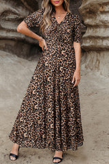 Brown Mesh Leopard Floral Reversible V Neck Short Sleeve Dress Dresses JT's Designer Fashion