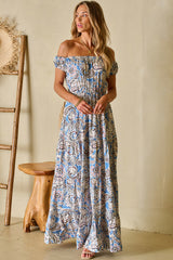 Blue Boho Paisley Print Off Shoulder Maxi Dress Floral Dresses JT's Designer Fashion