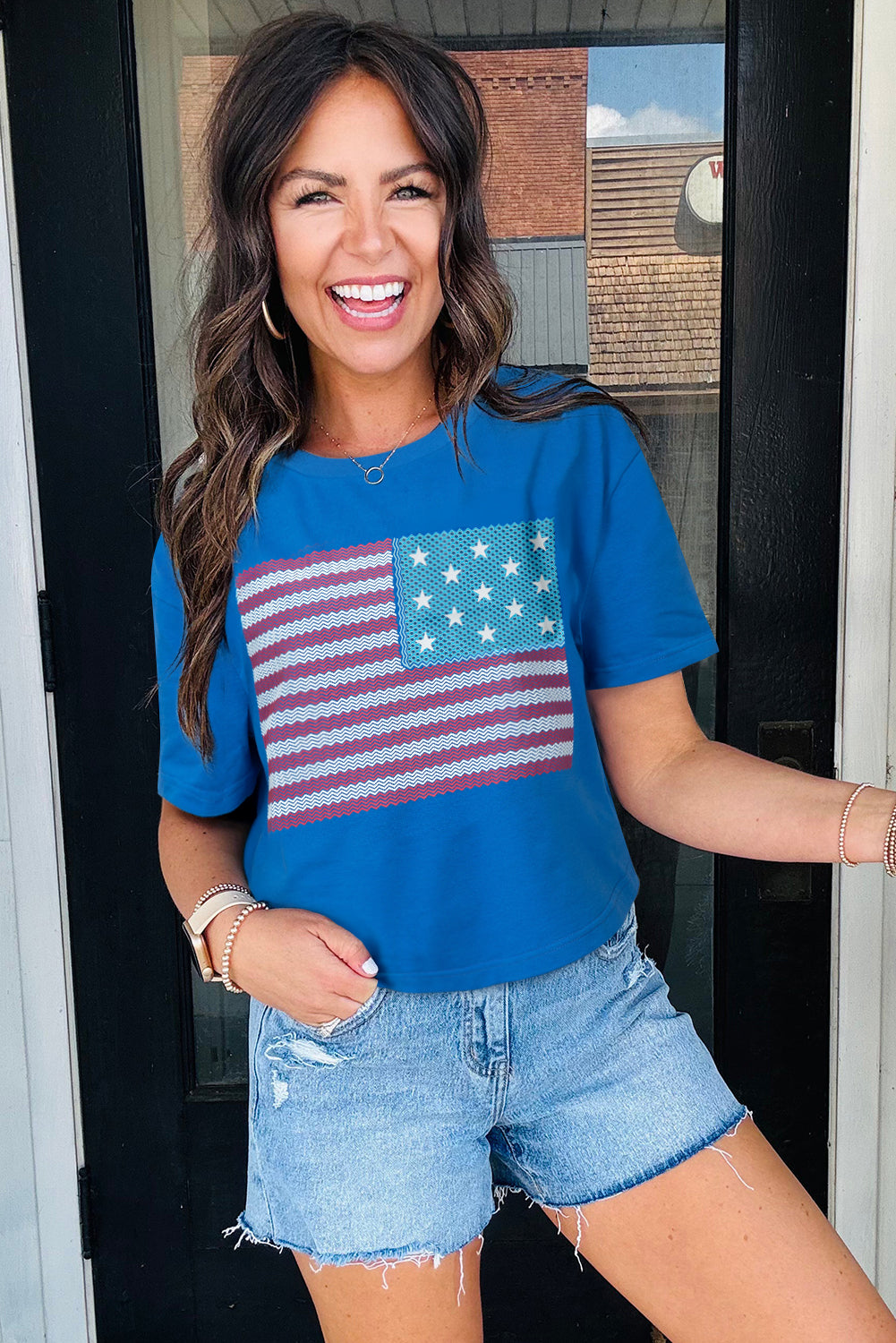 Real Teal American Flag Pattern Crewneck Tee Graphic Tees JT's Designer Fashion