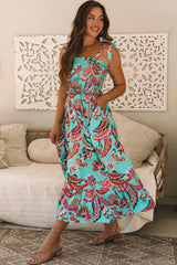 Green Abstract Print Smocked Bodice Knotted Straps Ruffled Long Dress Maxi Dresses JT's Designer Fashion