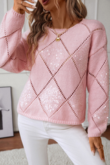 Light Pink Hollowed Rhombus Pattern Sequin Detail Round Neck Sweater Light Pink Sweaters JT's Designer Fashion