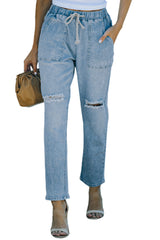 Sky Blue Gather Round Distressed Pocketed Denim Jogger Jeans JT's Designer Fashion