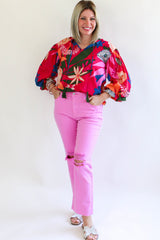 Rose Blooming Flower Print Ruffled Puff Sleeve Blouse Blouses & Shirts JT's Designer Fashion