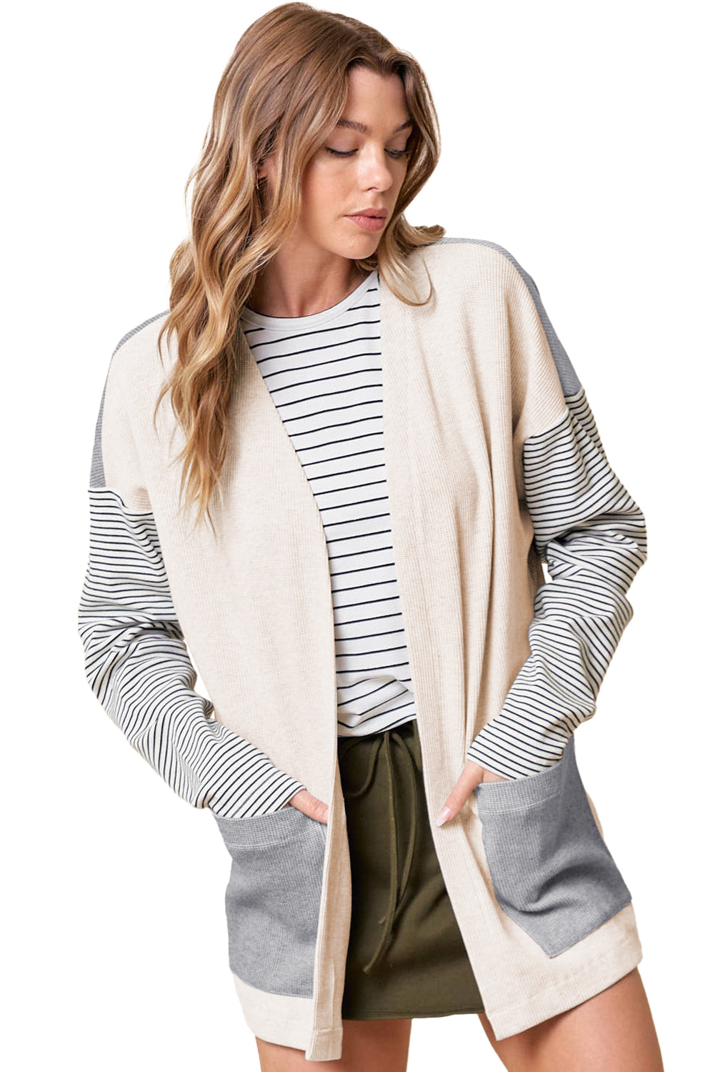 Black Stripe Colorblock Patchwork Open Front Cardigan with Pocket Cardigans JT's Designer Fashion