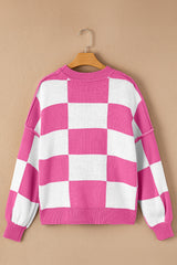 Rose Checkered Bishop Sleeve Sweater Sweaters JT's Designer Fashion