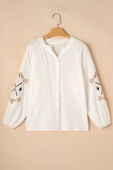White Embroidered Textured Buttoned Crew Neck Shirt Blouses & Shirts JT's Designer Fashion