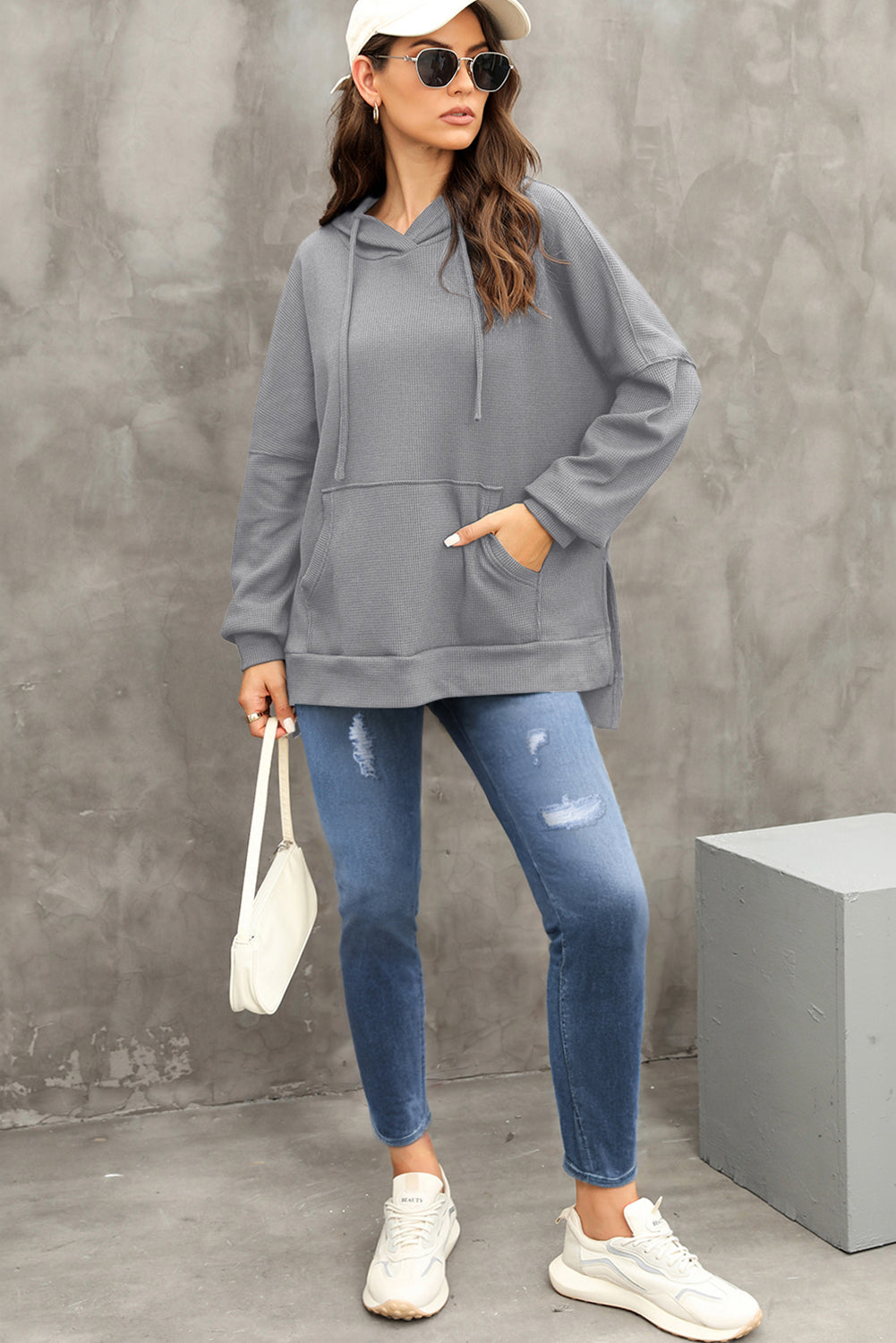 Gray Waffle Knit Fleece Lined High Low Oversized Hoodie Sweatshirts & Hoodies JT's Designer Fashion
