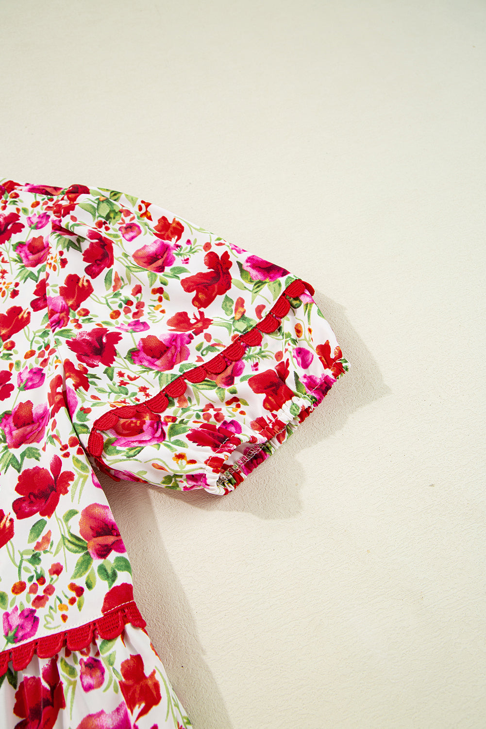 Red Floral Puff Sleeve Tiered Ric Rac Pocketed Mini Dress Floral Dresses JT's Designer Fashion
