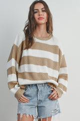 Light French Beige Colorblock Striped Drop Shoulder Side Slit Sweater Sweaters JT's Designer Fashion