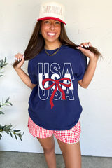 Blue USA Bow Printed Casual Cotton Blend T Shirt Graphic Tees JT's Designer Fashion