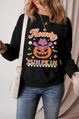 Black Halloween Howdy PUMPKIN Print Crew Neck Pullover Sweatshirt Graphic Sweatshirts JT's Designer Fashion