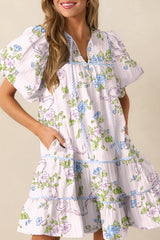 Pink Floral Striped Print Contrast Trim Tie Split Neck Mini Dress Dresses JT's Designer Fashion