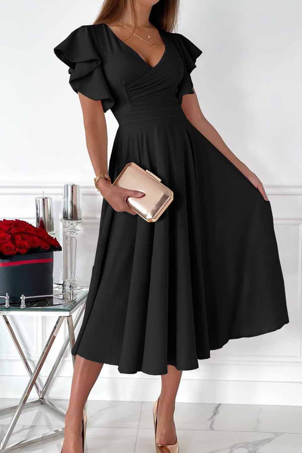 Black Ruffled Sleeve Wrap V Neck Midi Dress Midi Dresses JT's Designer Fashion