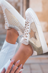 Gold Glitter Star Patchwork Leather Lace-up Sneakers Women's Shoes JT's Designer Fashion