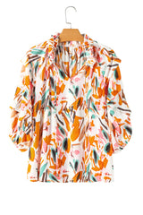 Yellow Abstract Print Drawstring Frilled V Neck 3/4 Sleeve Blouse Blouses & Shirts JT's Designer Fashion