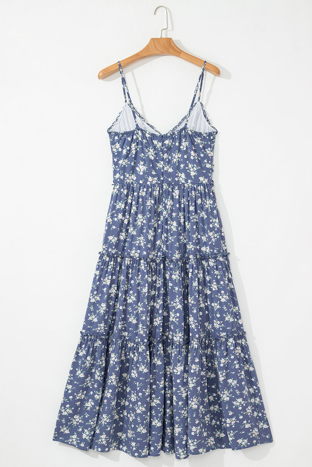 Blue Floral Spaghetti Strap Frilled V Neck Tiered Midi Dress Midi Dresses JT's Designer Fashion