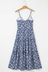 Blue Floral Spaghetti Strap Frilled V Neck Tiered Midi Dress Midi Dresses JT's Designer Fashion