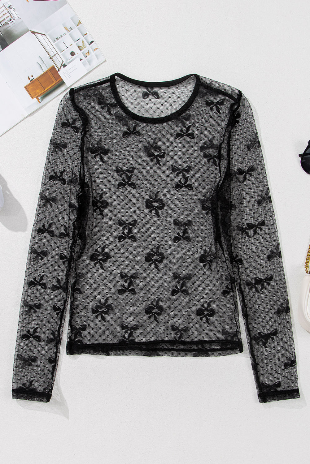 Black Bow Pattern Accent Mesh Long Sleeve Top Long Sleeve Tops JT's Designer Fashion