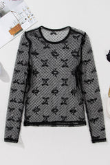 Black Bow Pattern Accent Mesh Long Sleeve Top Long Sleeve Tops JT's Designer Fashion