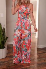 Multicolour Floral Print Smocked Halter Neck Sleeveless Wide Leg Jumpsuit Jumpsuits & Rompers JT's Designer Fashion