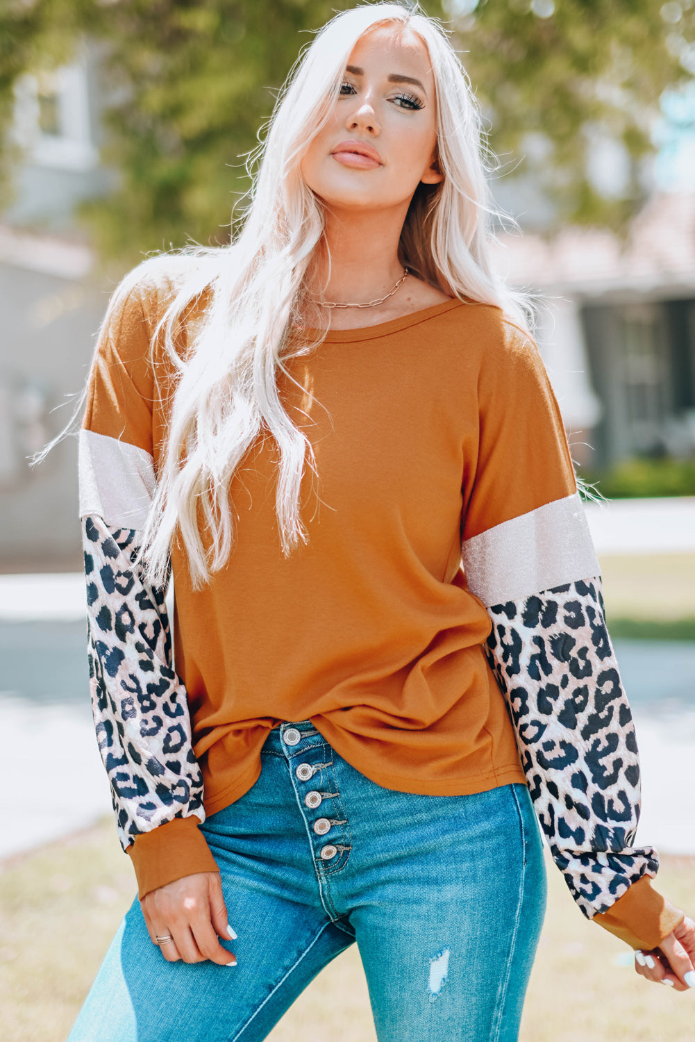 Brown Leopard Sequin Patchwork Long Sleeve Top Long Sleeve Tops JT's Designer Fashion