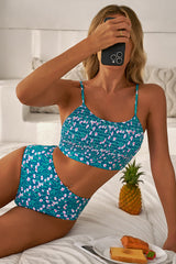 Blue Floral Print Smocked Cute Bikini Set Bikinis JT's Designer Fashion