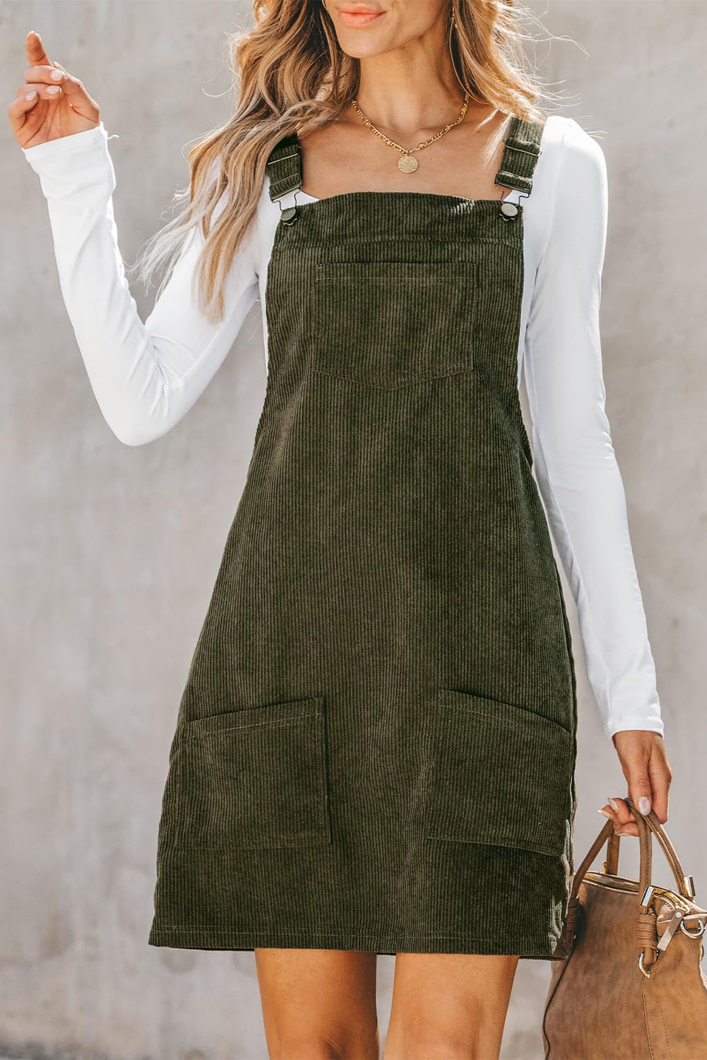 Vineyard Green Solid Front Pockets Sleeveless Corduroy Overall Dress Mini Dresses JT's Designer Fashion