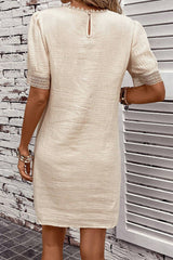 Beige Crinkle Lace Trim Puff Sleeve Shift Mini Dress Dresses JT's Designer Fashion