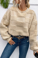 Parchment Checkered Sherpa Crew Neck Loose Sweater Sweaters JT's Designer Fashion