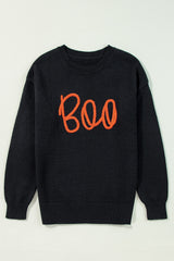 Black Boo Knitted Pattern Ribbed Edge Drop Shoulder Sweater Sweaters JT's Designer Fashion