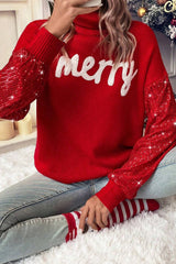Racing Red Merry Graphic Sequin Sleeves Christmas Turtleneck Sweater Racing Red 100%Acrylic Sweaters JT's Designer Fashion