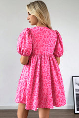 Rose Leopard Puff Sleeve Tie Front High Waist Mini Dress Mini Dresses JT's Designer Fashion