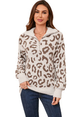Gray Animal Print Zipped Collared Sweater Sweaters JT's Designer Fashion