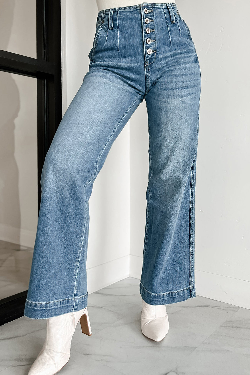Dusk Blue Multi Button Waist Medium Wash Straight Leg Jeans Bottoms JT's Designer Fashion