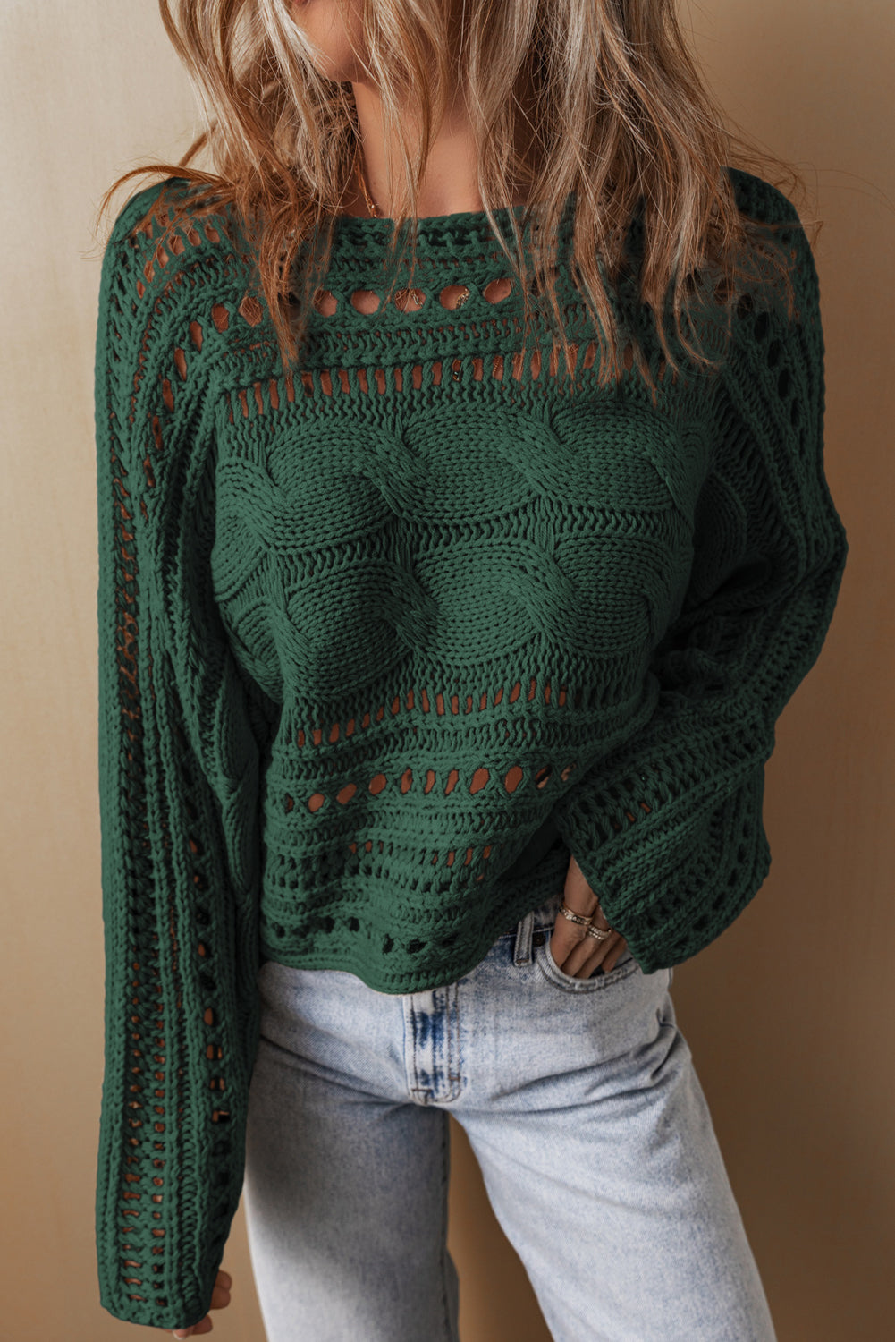 Blackish Green Hollow-out Cable Knit Cropped Sweater Sweaters JT's Designer Fashion