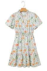 Beige Floral Print Shirred High Waist Puff Sleeve Mini Dress Floral Dresses JT's Designer Fashion