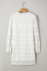 White Lace Crochet Round Neck Puff Sleeve Shift Mini Dress Mini Dresses JT's Designer Fashion