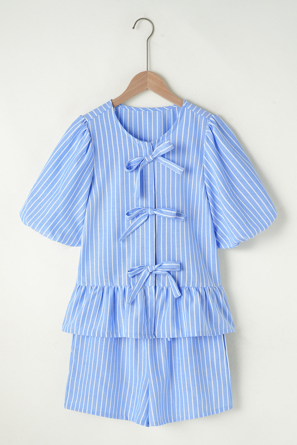 Sky Blue Striped Bowknot Detail Puffy Sleeve Top and Shorts 2Pcs Set Short Sets JT's Designer Fashion