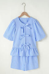 Sky Blue Striped Bowknot Detail Puffy Sleeve Top and Shorts 2Pcs Set Short Sets JT's Designer Fashion
