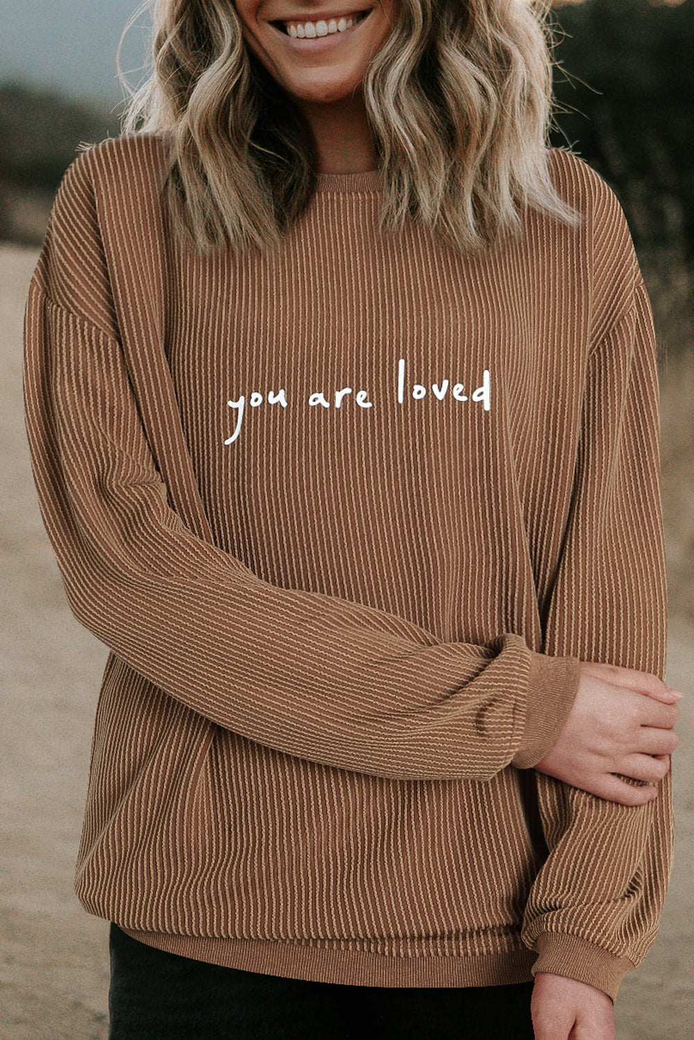 Khaki You Are Loved Print Corduroy Sweatshirt Sweatshirts & Hoodies JT's Designer Fashion