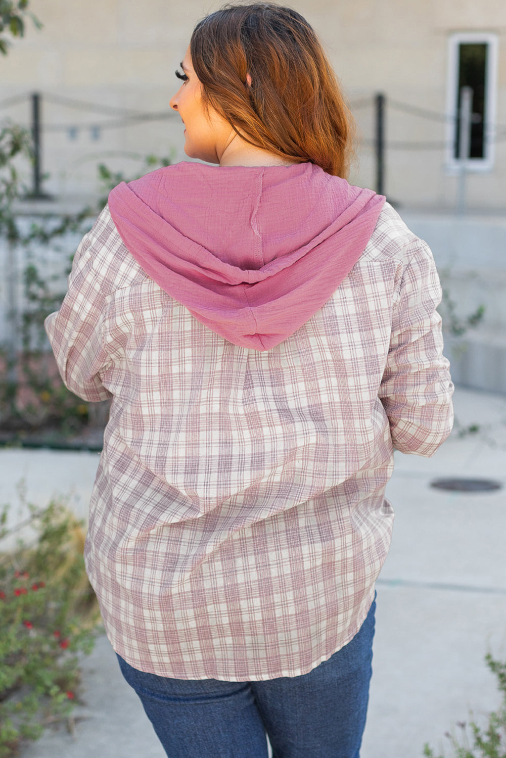 Bonbon Plaid Print Drawstring Hooded Button-up Plus Size Shirt Plus Size Blouses & Shirts JT's Designer Fashion