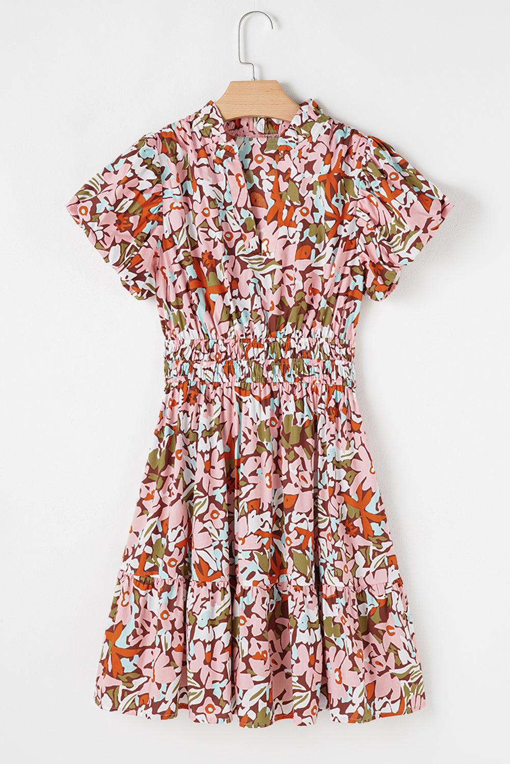 Pink Floral Print Puff Sleeve Shirred High Waist Mini Dress Floral Dresses JT's Designer Fashion