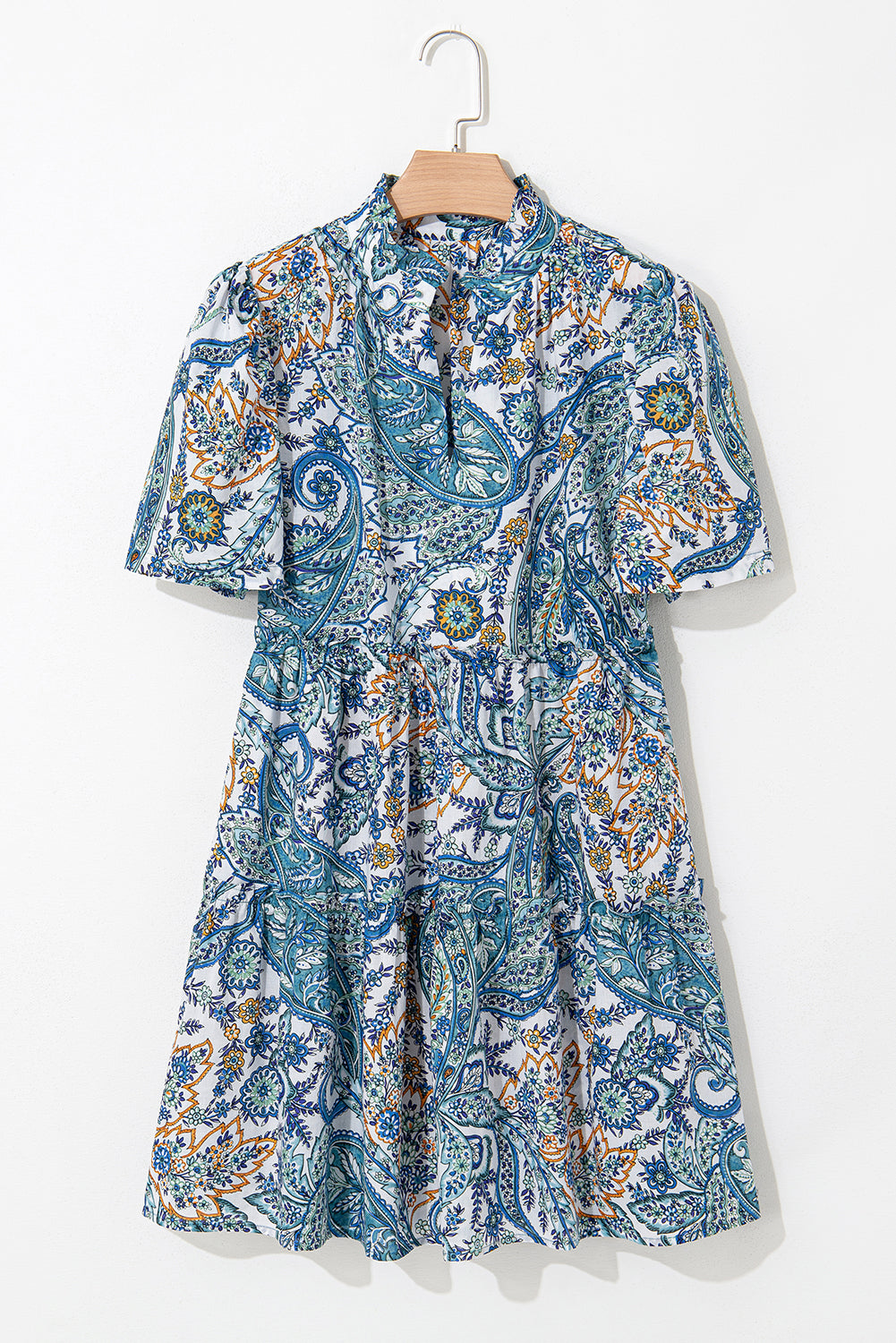 Blue Bohemian Paisley Floral V Neck Short Sleeve Mini Dress Floral Dresses JT's Designer Fashion
