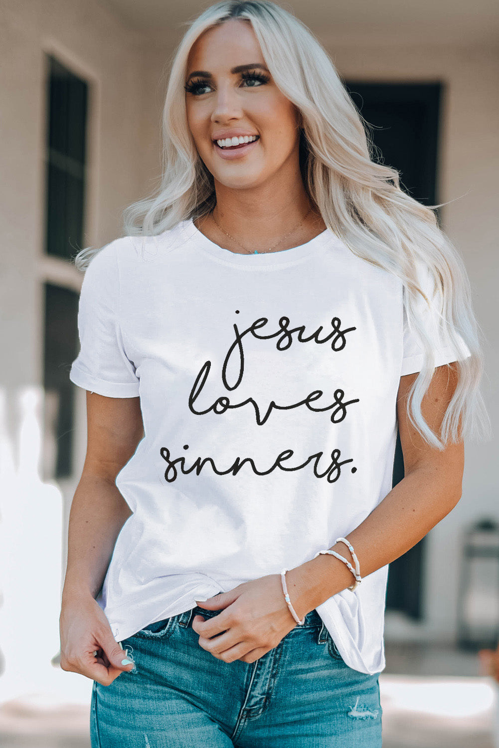 White Jesus Loves Sinners Funny Belief T Shirt Graphic Tees JT's Designer Fashion
