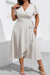Khaki Polka Dot Surplice V Neck Tied Waist Flutter Sleeve Flowy Plus Size Midi Dress Plus Size Midi Dresses JT's Designer Fashion