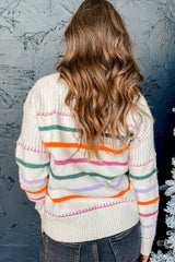 White Colorful Striped Ribbed Trim Sweater Sweaters JT's Designer Fashion